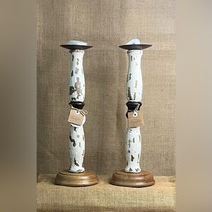 Pair Of Distressed White & Brown Wooden Candle Holders By Mud Pie Brand New
